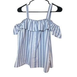 No Comment Striped Cold Shoulder Ruffle Top Button Down Blouse Blue Size M (133)